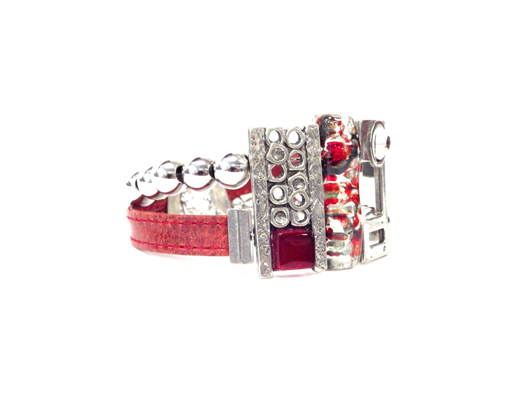Bracelet cuir et stainless rouge - Créart