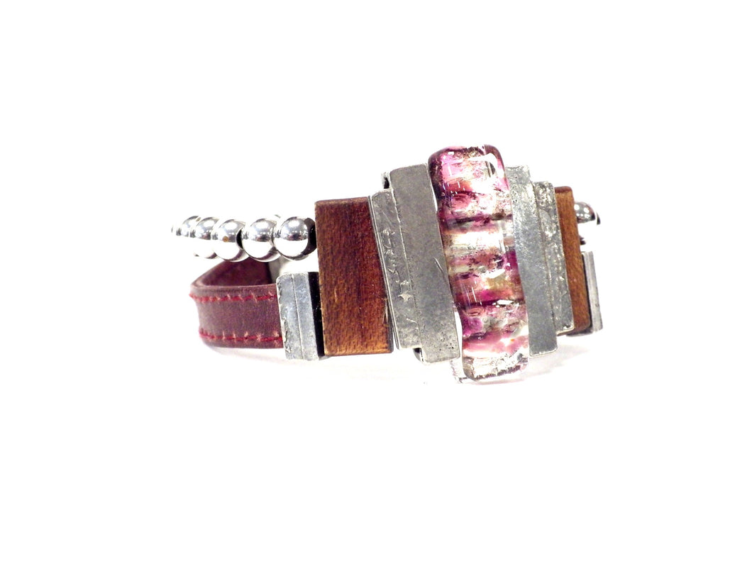 Bracelet cuir et stainless mauve/rose - Créart