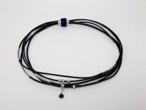 Collier/Bracelet noir, attache bleue, médaillon noir - MJ Bijoux