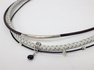 Collier/Bracelet noir et brun, tresse ivoire, billes ovales - MJ Bijoux
