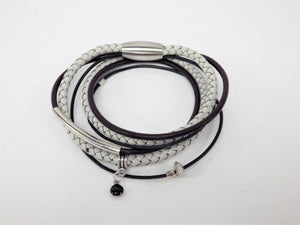 Collier/Bracelet noir et brun, tresse ivoire, billes ovales - MJ Bijoux