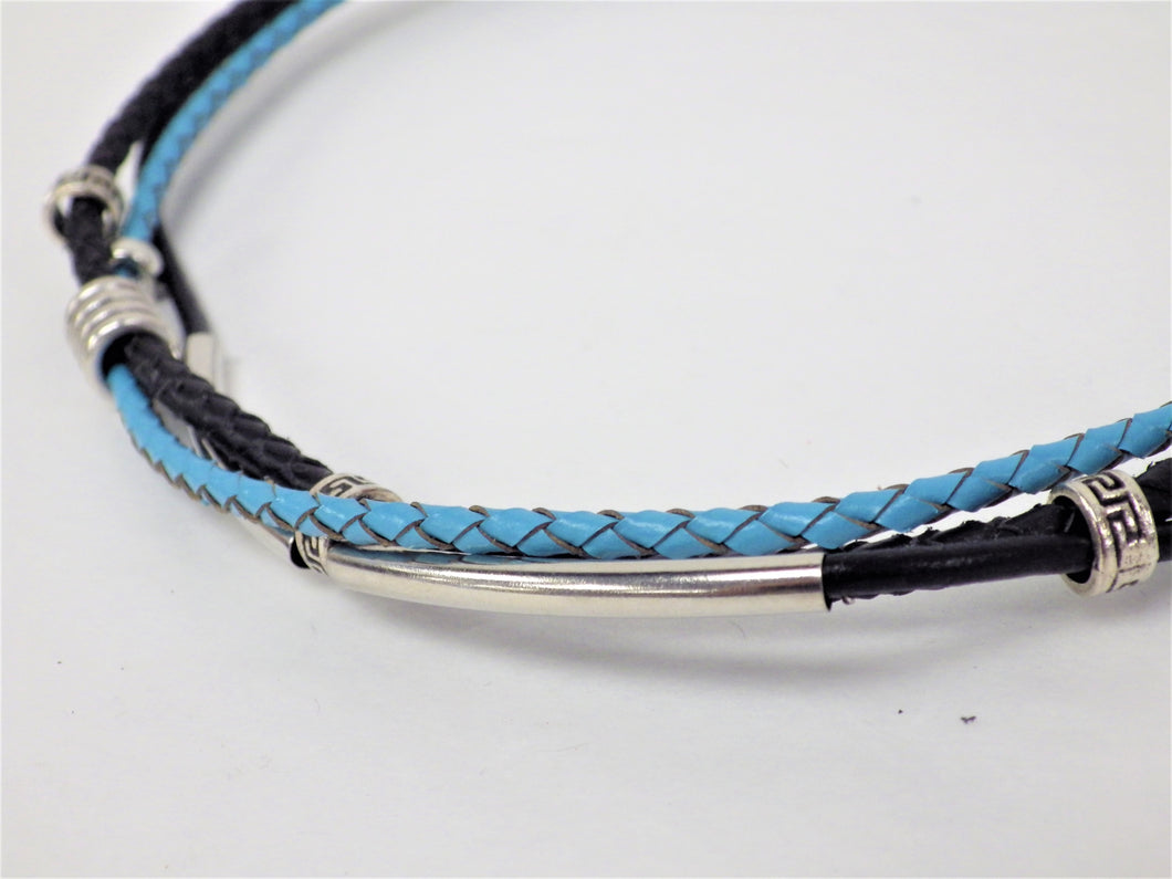 Collier/Bracelet noir, tresse bleue pâle - MJ Bijoux